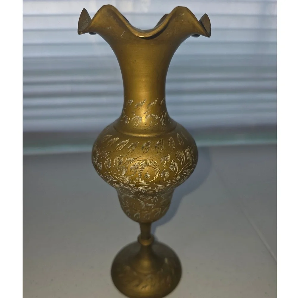 Vintage Etched Brass Vase Ruffled Rim Floral Pedestal India Boho Decor 10.5 Inch